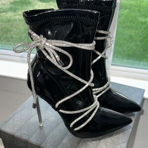 Azalea Wang Black Patent Stiletto Ankle Boots with Silver Crystal Wrap